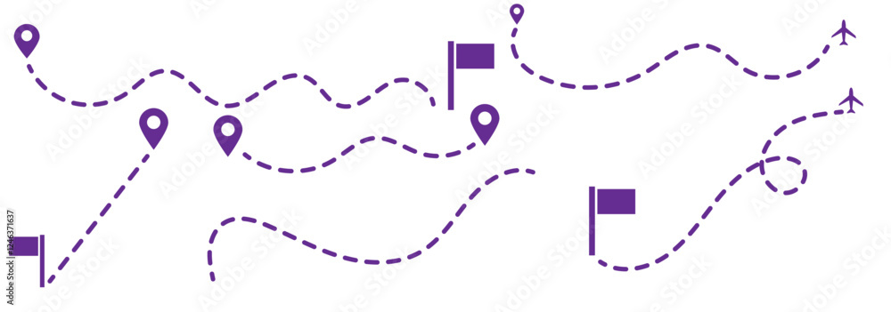 Poster route icon - two points with dotted path and location pin. route location icon two pin sign and dott
