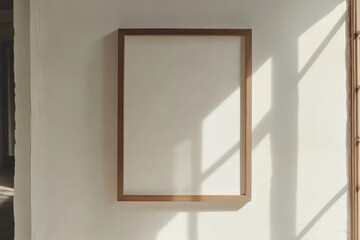 Large empty wooden picture frame on white wall with soft shadows creating a modern minimalistic interior aesthetic
