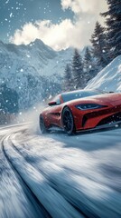 Naklejka premium Red sports car driving through snowy mountain road with phone background