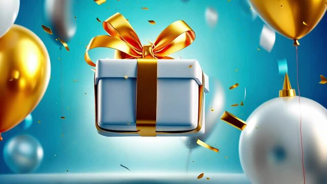 Vibrant celebration with floating gift box and colorful balloons in festive confetti explosion