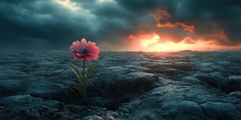 Resilience: A Single Bloom Against a Fiery Sunset