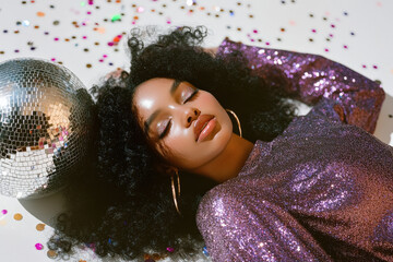 Radiant young woman lying on shimmering confetti with a disco ball in a glamorous setting