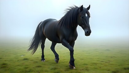 Fototapeta premium a black horse running across a lush green field