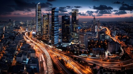 Fototapeta premium A futuristic cityscape at night, with illuminated skyscrapers and advanced transportation systems, showcasing urban development and innovation.