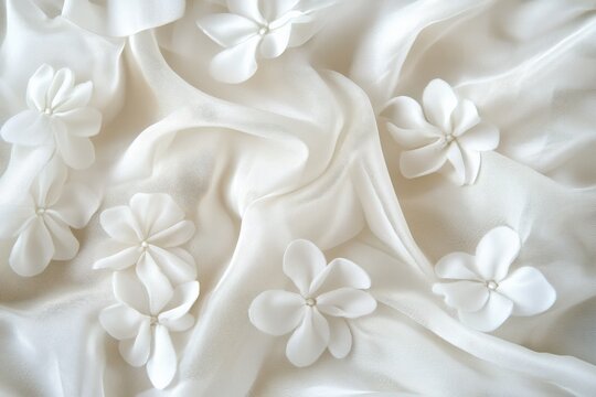 Luxurious white satin fabric gently draped with soft natural folds and delicate floral embellishments for elegant textile backgrounds and designs