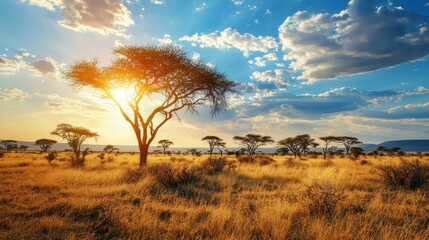 Fototapeta premium Majestic Sunrise Over Serengeti Plains with Acacia Trees and Clouds
