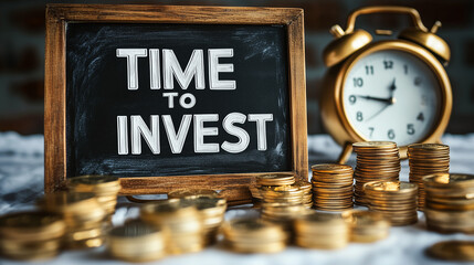 Motivation that drives investment, a small blackboard that says Time To Invest. The background is a pile of gold coins and a white alarm clock, which symbolizes the value of time and money