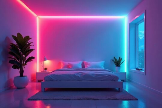 Minimalist bedroom with glowing neon lights on the ceiling, ambient, space-age