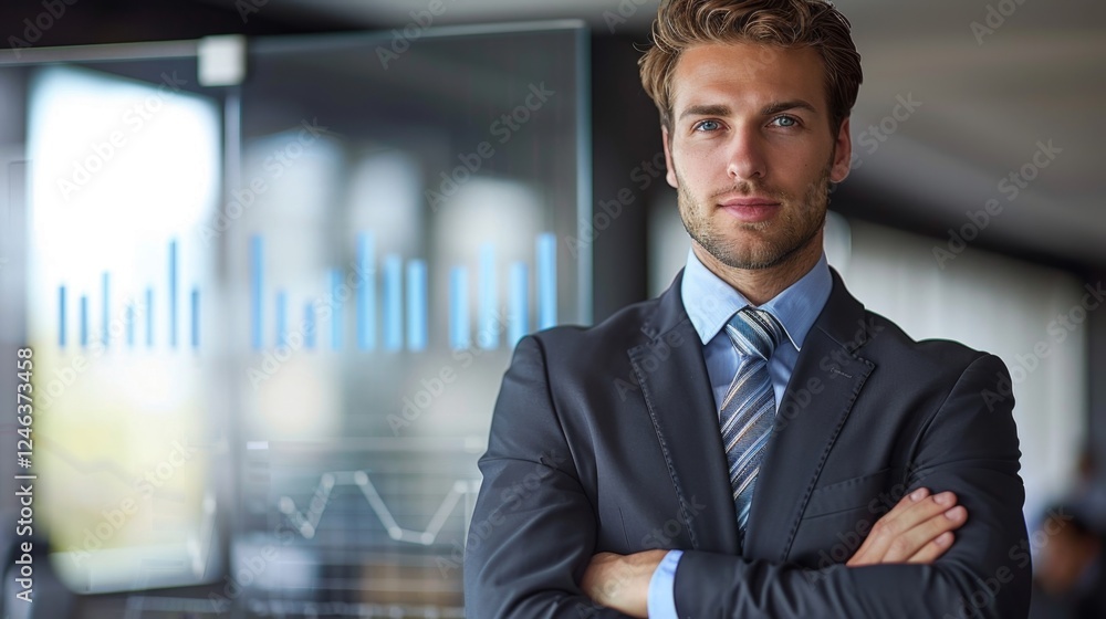 Poster confident business professional standing in modern office with data visualization in the background 