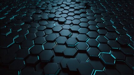 Naklejka premium A surface covered with black hexagonal tiles, each outlined by a faint, glowing cyan light.