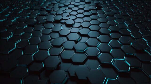 A surface covered with black hexagonal tiles, each outlined by a faint, glowing cyan light.