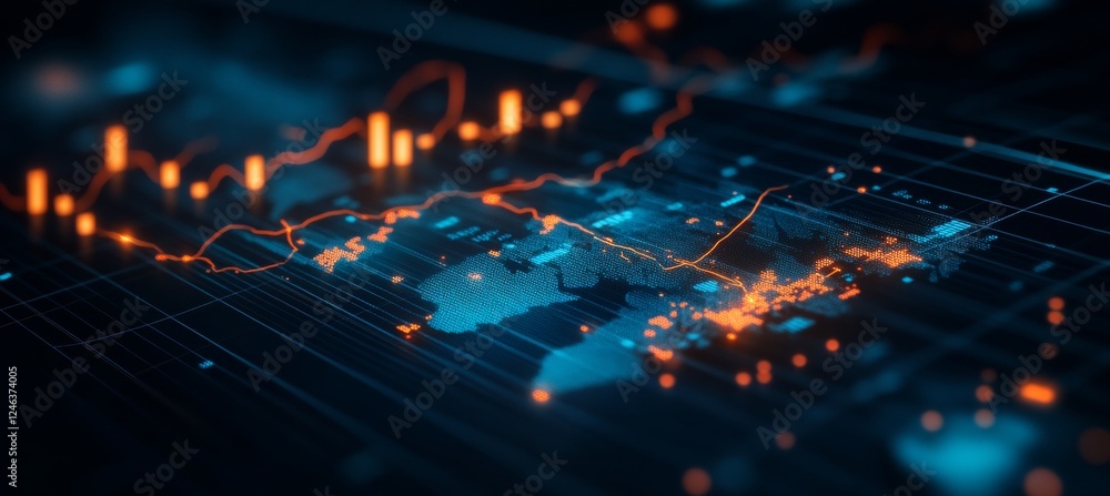 Poster abstract world map with financial chart data, glowing lines and data visualization background