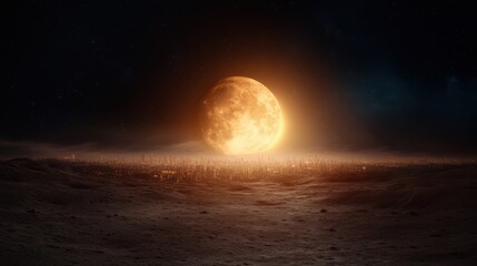 An awe-inspiring image of a giant luminous moon rising over a futuristic cityscape, blending vibrant colors and inspiring wonder at the vastness of time and space against urban life.