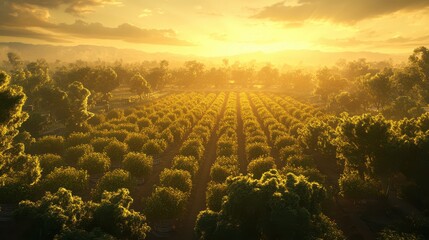 Golden Sunrise Over Expansive Vineyard Landscape in Autumn Glow