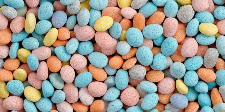 A vibrant close-up showcasing a pile of candy-coated rocks in various colors, highlighting their glossy textures and appealing appearance.