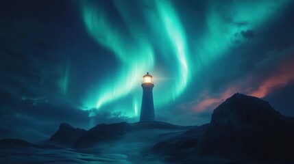 Lighthouse illuminates aurora borealis arctic coast night scene serene