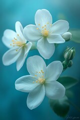 Three White Flowers, Green Foliage, Blue Background A Soft, Naturally Lit Floral Photo