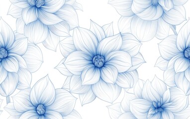 A minimalist line art pattern of delicate dahlia flowers with soft blue outlines on a white background. The intricate details and subtle shadows create depth, perfect for prints or wallpapers.