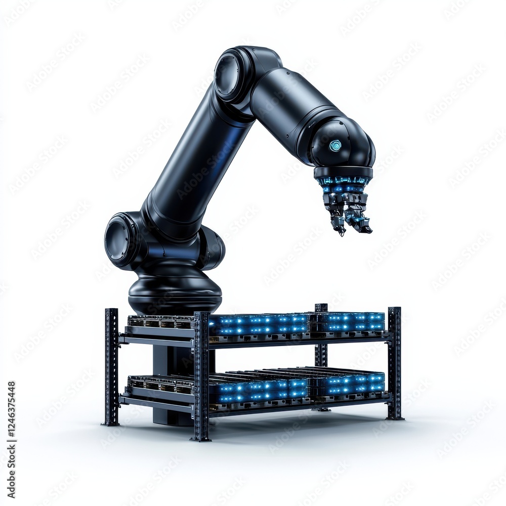 Poster a sleek robotic arm positioned above a shelf with blue boxes, showcasing advanced automation technol