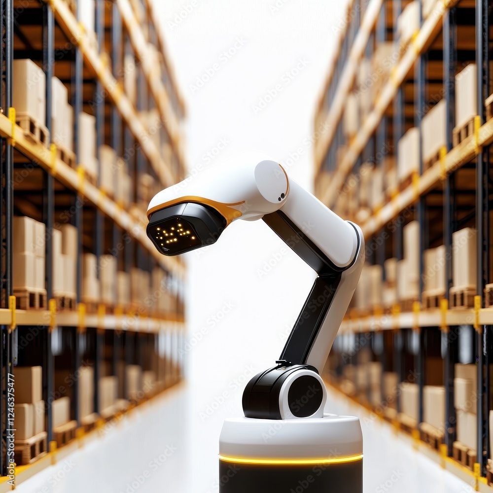 Poster a robotic arm is positioned in a warehouse aisle filled with stacked boxes, highlighting automation 