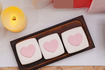 decor for a Korean holiday. artificial Asian rice flour cakes. Traditional oriental cuisine.