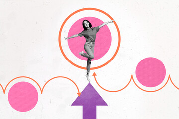 Composite artwork photo collage template sketch of success trade stats charts goal young woman stand arrow aim goal target success