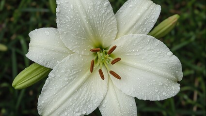 Exquisite close up of a vibrant Easter lily blooming gracefully adorned with shimmering dew drops Ideal for spring and nature concepts