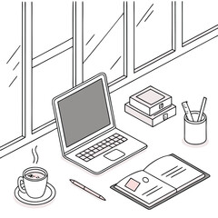Modern office workspace setup with laptop, coffee cup, and stationery