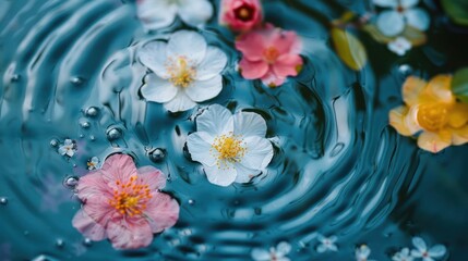 Colorful flowers floating on water surface, creating ripples, with serene natural setting