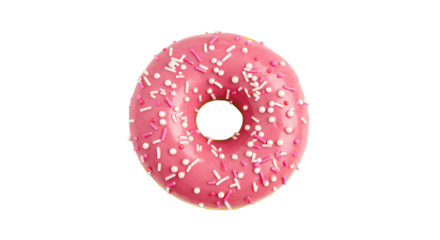 strawberry donut top view png. pink doughnut flat lay isolated. donut with pink frosting and sprinkles on top dessert isolated for tasty food and desserts campaigns