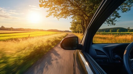 Scenic Drive Through Lush Fields and Golden Sunset Glow