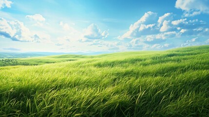 Fototapeta premium Lush Green Landscape Under a Bright Blue Sky with Fluffy Clouds