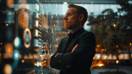 Business professional analyzing futuristic data visuals in a modern urban environment at twilight