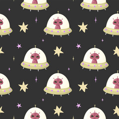 Hand drawn space elements seamless pattern. Space background. Space doodle ufo illustration. Alien vector illustration. Seamless pattern with cartoon spaceships and stars