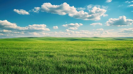 Fototapeta premium Green Prairie Landscape Under Bright Blue Sky with Fluffy Clouds