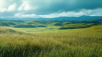 Fototapeta premium Lush Green Rolling Hills Under Dramatic Cloudy Sky Landscape