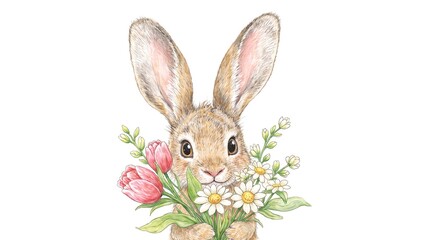 Obraz premium An adorable bunny with a vibrant bouquet of tulips and daisies perfect for Easter and spring themes