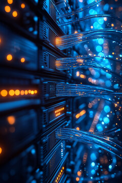 Futuristic server room with glowing blue fiber optic cables, high-tech data network concept vertical