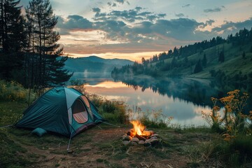 A tranquil lakeside campsite shows a brightly lit campfire surrounded by a tent and wildflowers under a beautiful dusk sky with mountains in the distance