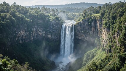 Fototapeta premium Majestic waterfall cascading into a verdant canyon with mist creating an enchanting atmosphere