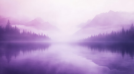 Fototapeta premium Soft Purple Haze Envelops a Serene Lake Surrounded by Misty Mountains During Early Morning Light
