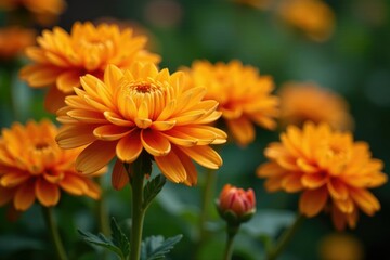 Full bloom chrysanthemum flowers in a garden with orange hues, petals, stems, blossoms