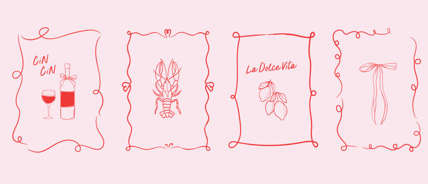 Hand drawn doodle frame and food and drink line art icons. Dolce vita, Cin Cin text. Perfect for invitations, menu card, restaurant decor, kitchen art, postcard.