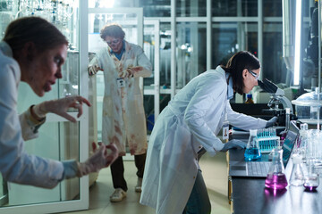 Zombies Sneaking Into Laboratory, while Woman Using Microscope