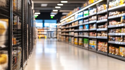 Aisle view of a modern grocery store showcasing various packaged goods on shelve, with bright lighting