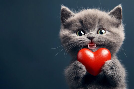 Cute himalayan young cat with domestic animal toy red heart - sign of love, funny greeting card. Marketing creative. Himalayan - my treasured cat. Red-themed animal. Kitten and love. Cute pe.