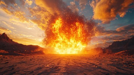Massive Explosion at Sunset Over Desert Landscape with Dramatic Sky