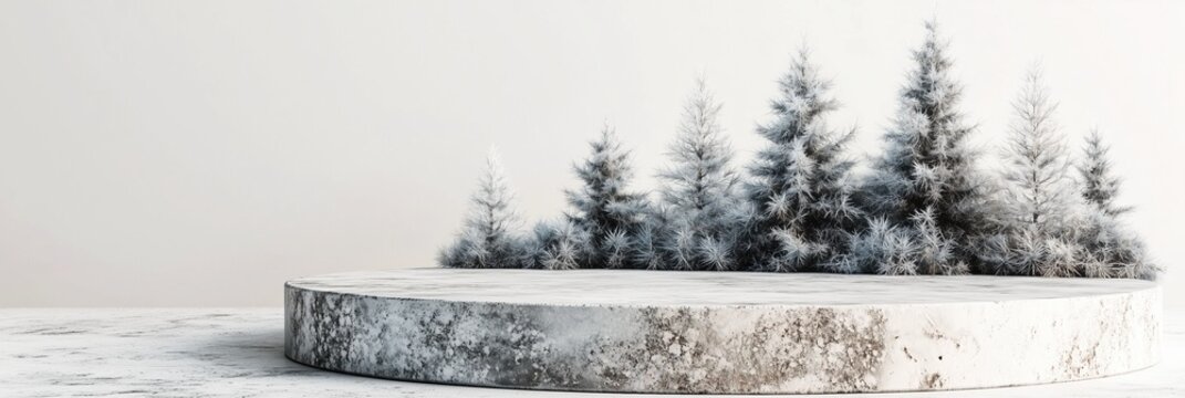 Winter inspired smooth podium surrounded by frosted evergreen trees for seasonal display