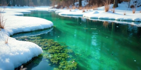 Frozen pond with thick layer of green algae and aquatic life, aquatic life, thawing