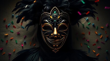 Intensely Black Shadows with Light Aura: Vibrant Carnival Stamp Featuring Feathers, Sequins, Beads, and Central Mask with Joyful Expression